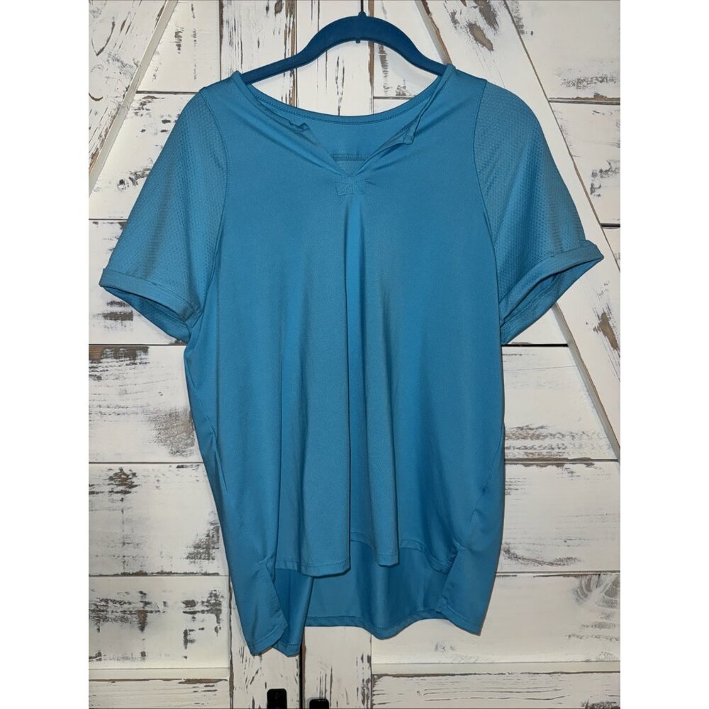 Lucky in Love Women Teal Blue Short Sleeve T-Shirt Tunic V Neck Large 10-12